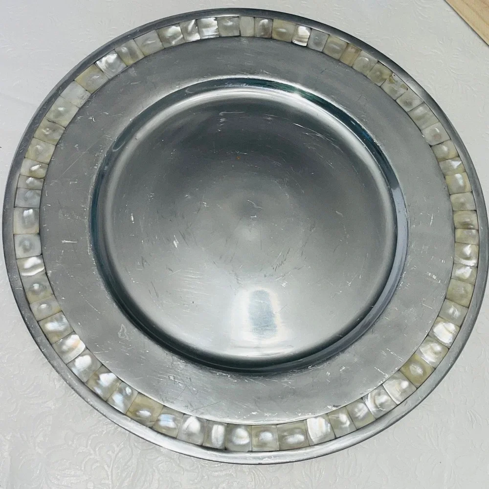 Pottery Barn Barona Charger Plate Silver Mother of Pearl Shell Inlay 14